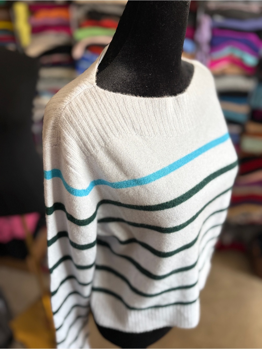Charter Club Cream Crewneck Cashmere Sweater with Teal and Forest Stripes